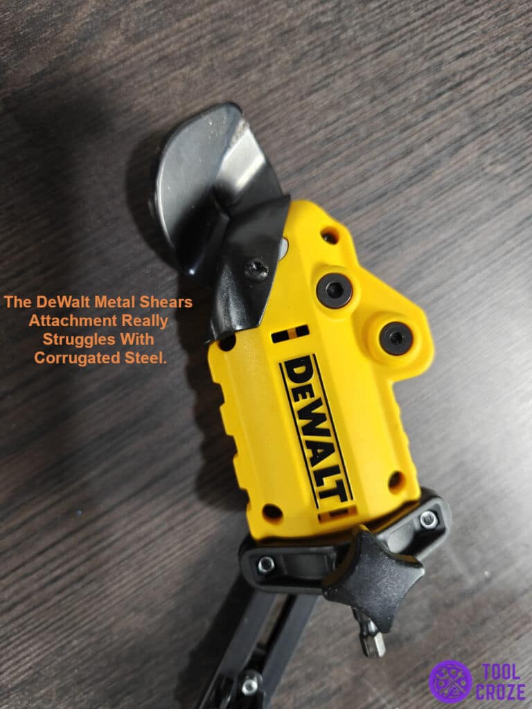 DeWalt metal shears attachment struggles with corrugated steel.