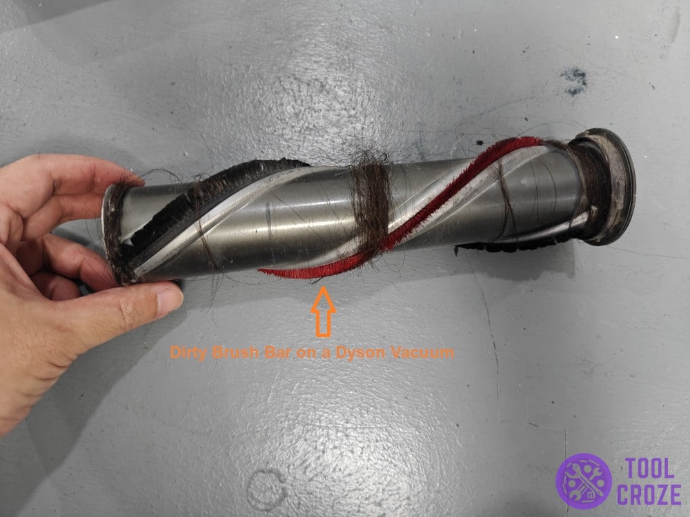 dirty brush bar on a Dyson vacuum