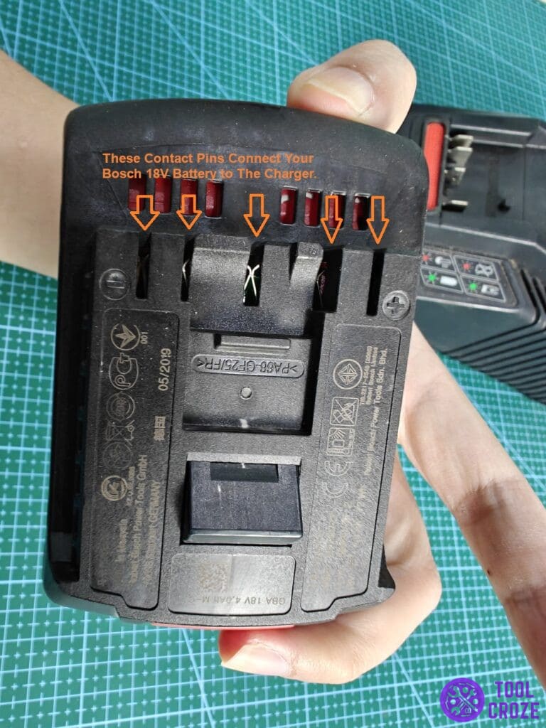 Contact pins connect your Bosch 18V battery to charger