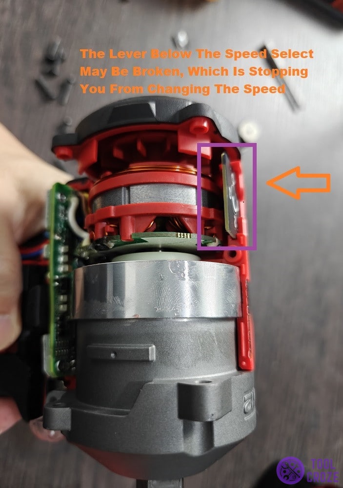 inspect underneath the speed select for a broken lever