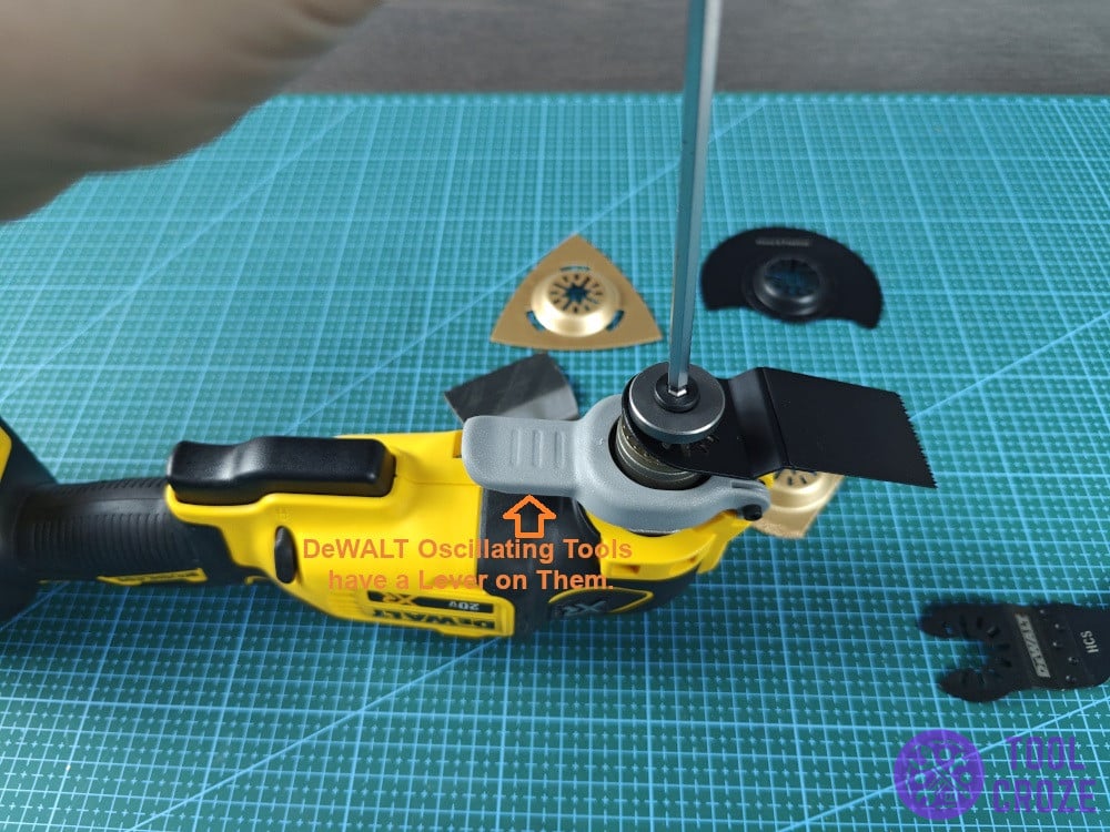 DeWALT oscillating tools have a lever on them.