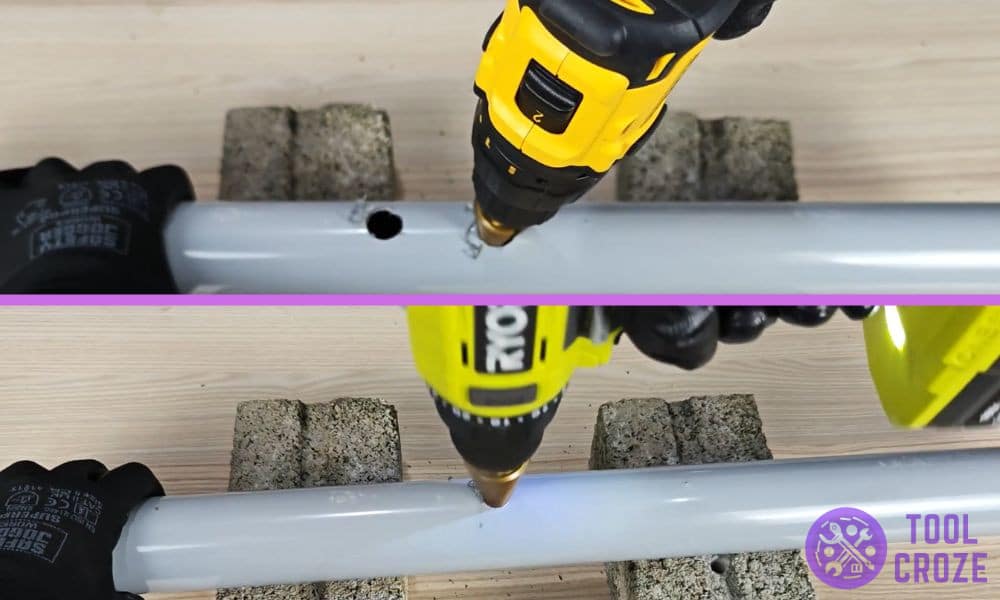 dewalt and ryobi drilling into metal pipe