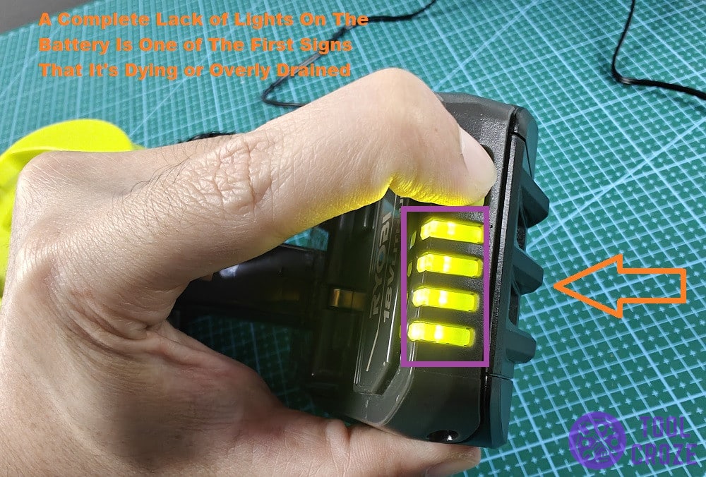 lights on ryobi battery turned on