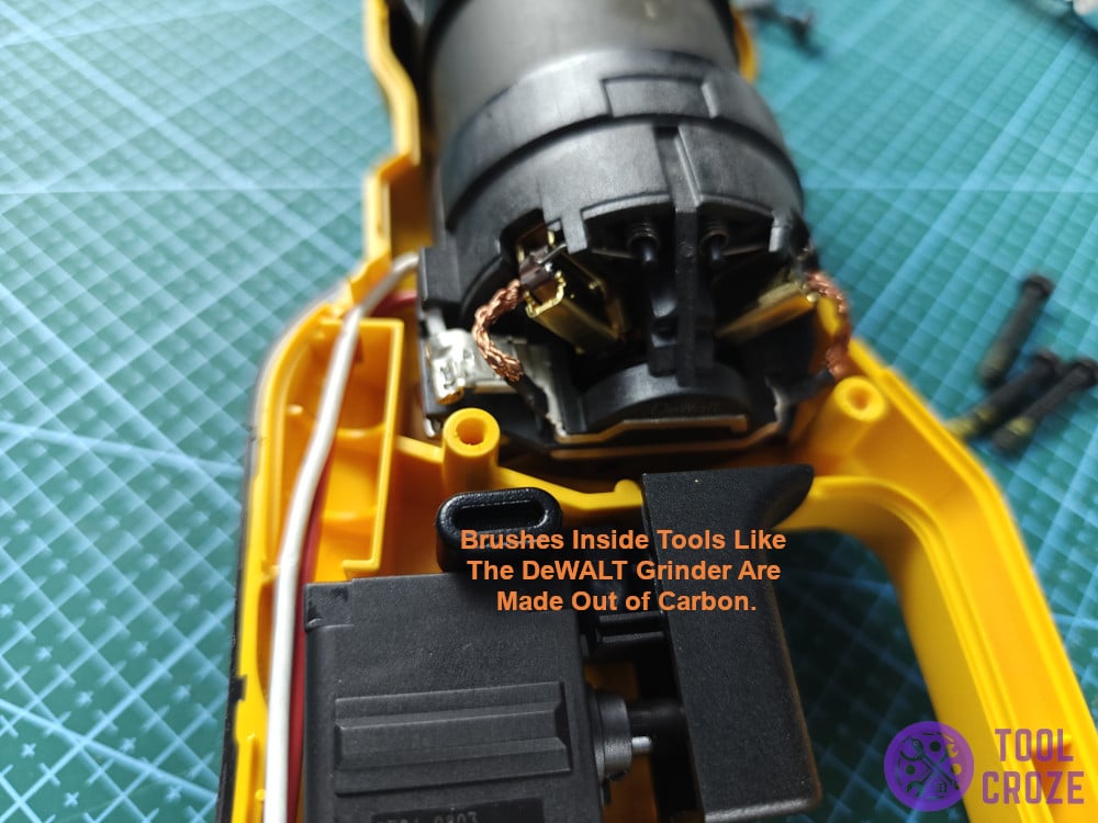 Brushes inside tools like the DeWALT grinder are made out of carbon.