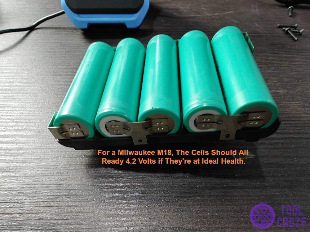 For a Milwaukee M18, the cells should all ready 4.2 volts if they're at ideal health.