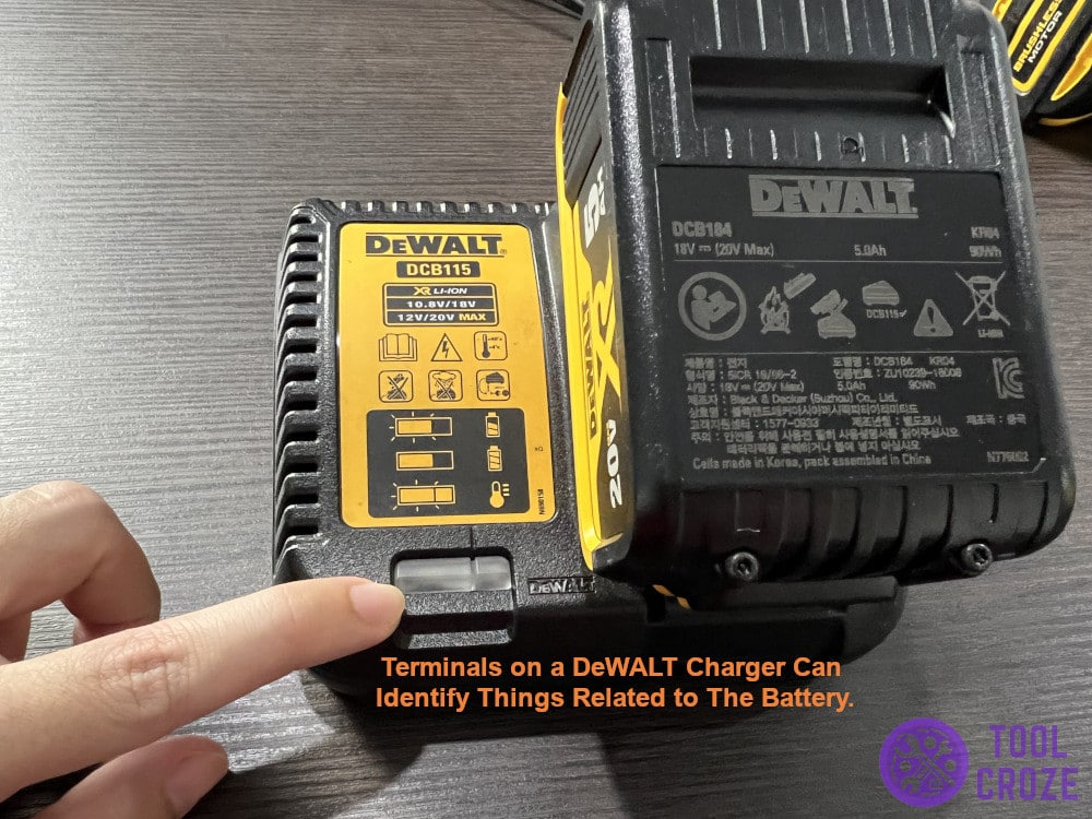 Terminals on a DeWALT charger can identify things related to the battery.
