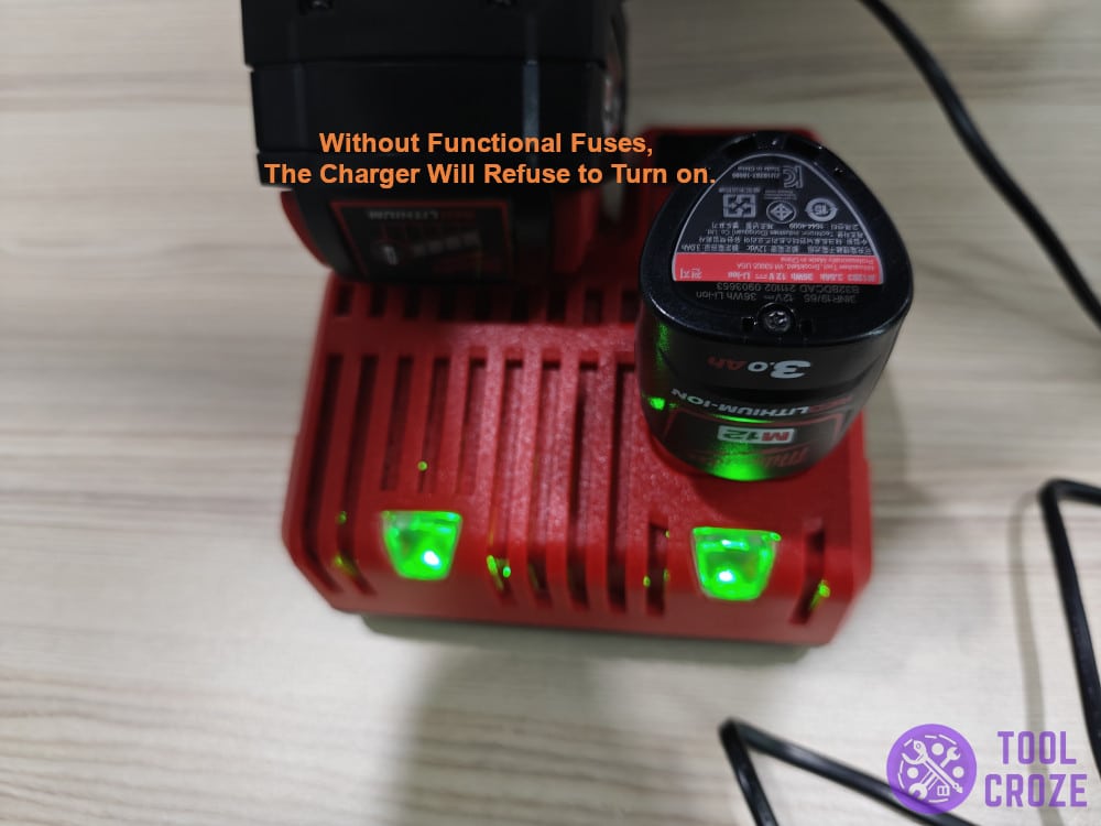 Without functional fuses, the charger will refuse to turn on.