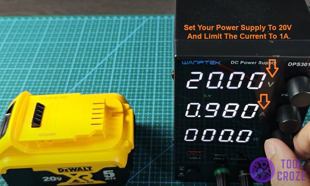 Set your power supply to 20V and limit the current to 1A.