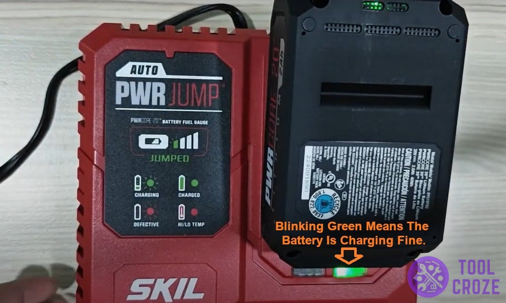 Blinking green means the battery is charging fine.