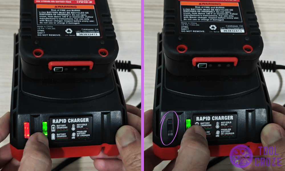 solid green and flashing red light on bauer charger