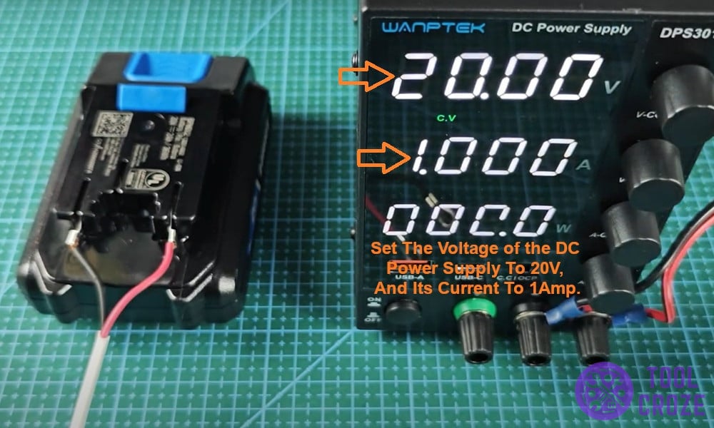 set the voltage of the DC power supply to 20V, and its current to 1Amp.