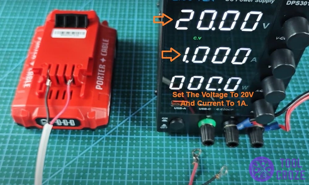 set voltage to 20V and current to 1A.