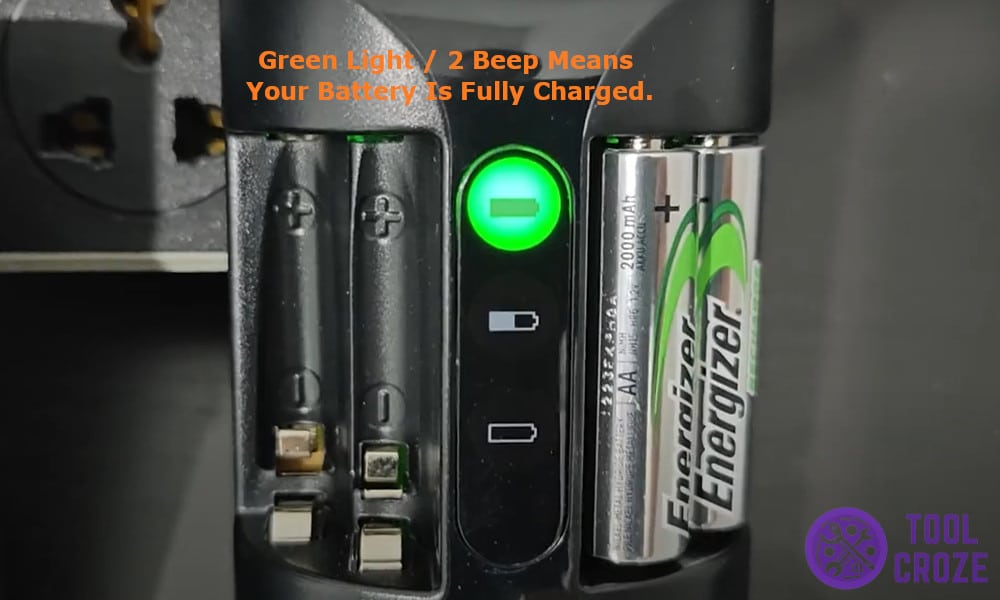 Green Light 2 Beep means your battery is fully charged