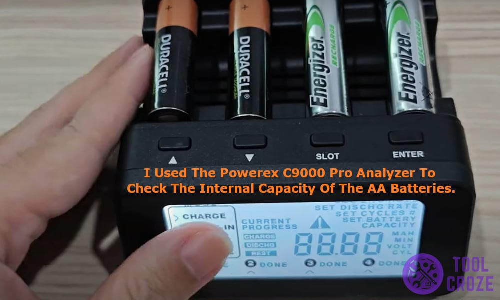 I used the Powerex C9000 Pro Analyzer to check the internal capacity of the AA batteries
