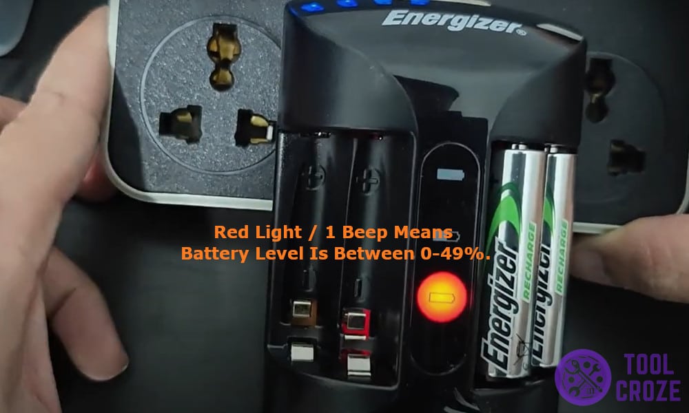 Red Light  1 Beep -  battery level is between 0-49%.