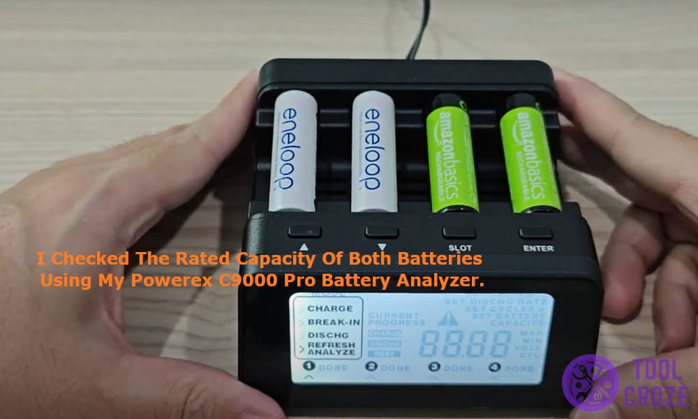 checking the rated capacity of both the batteries using my Powerex C9000 Pro battery analyzer