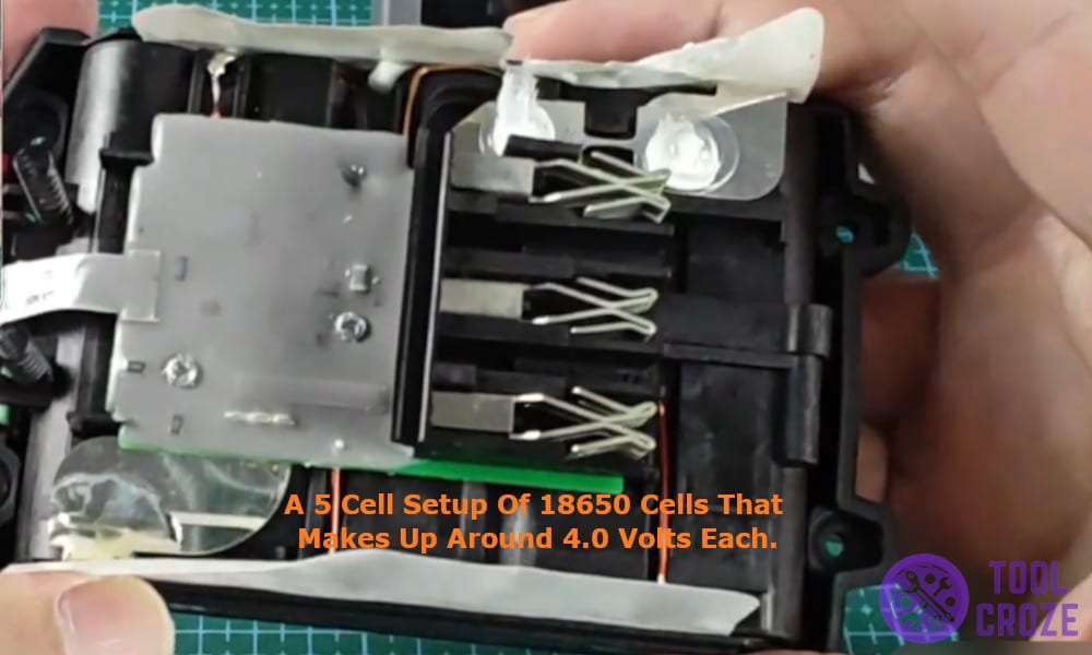 a 5 cell setup of 18650 cells that makes up around 4.0 volts each.