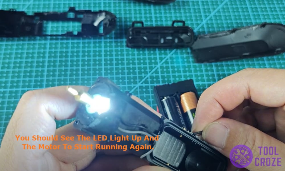 You should see the LED light up and the motor to start running again