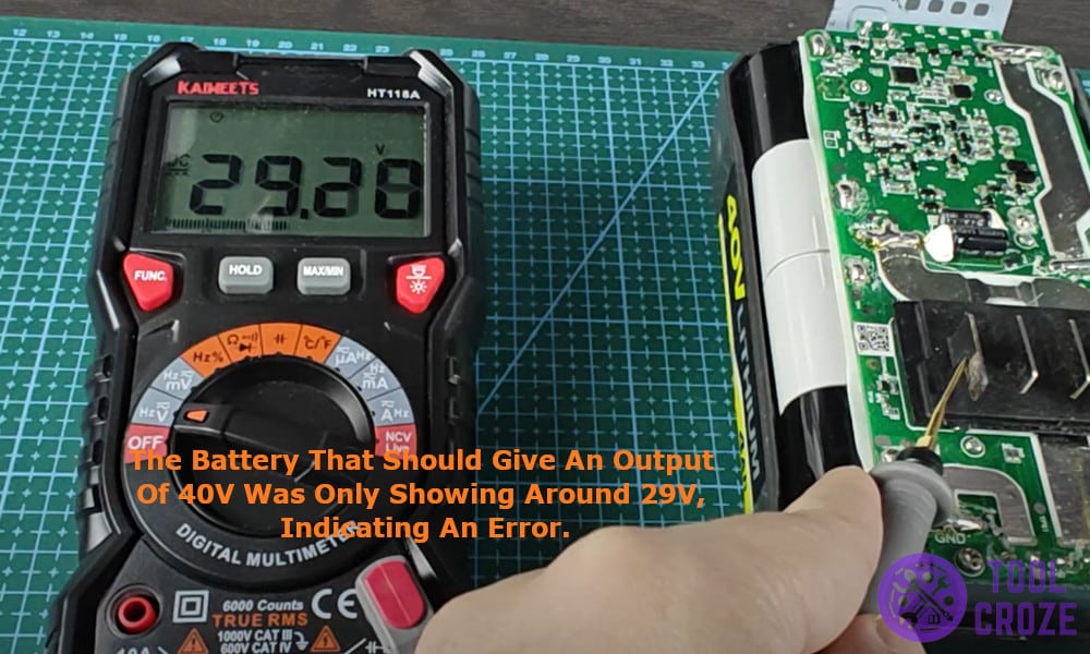 the battery that should give an output of 40V was only showing around 29V, indicating an error.