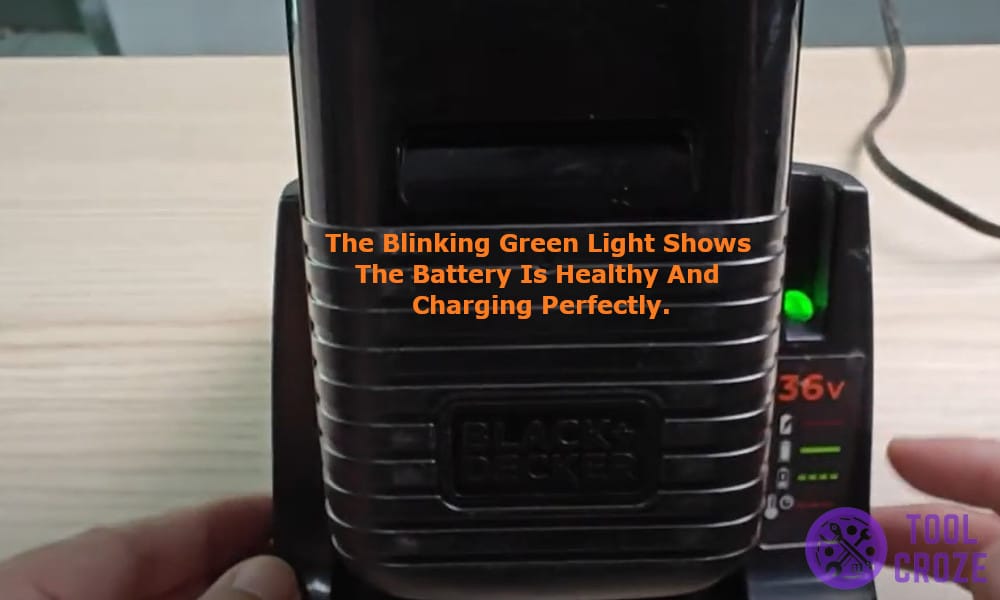 the blinking green light shows that the battery is healthy and charging perfectly.