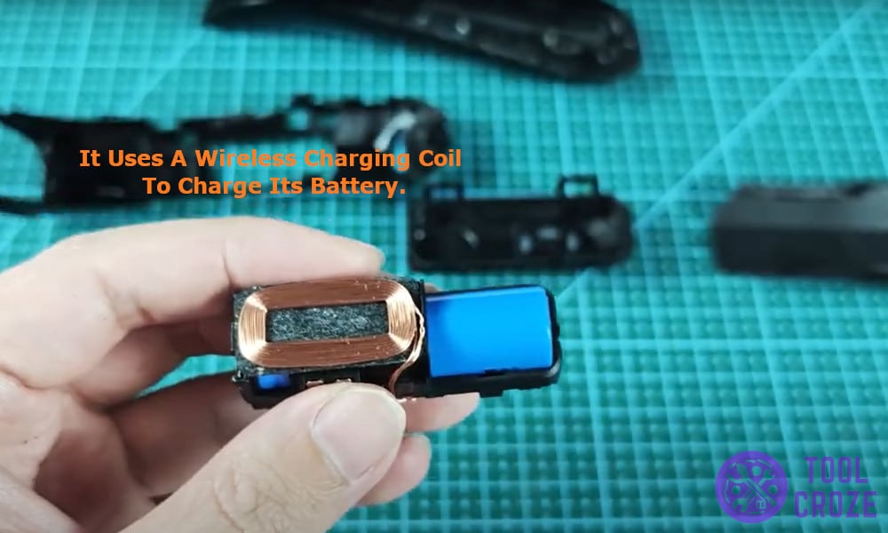 uses a wireless charging coil to charge its battery