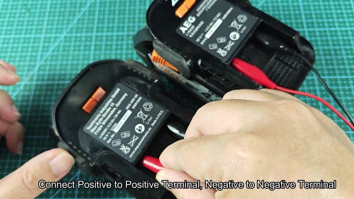 AEG battery pack with red and black wires attached