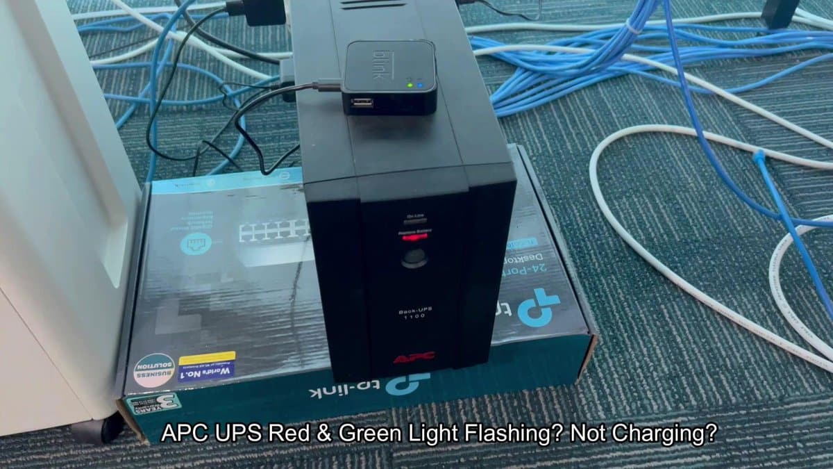 APC UPS with red and green lights flashing