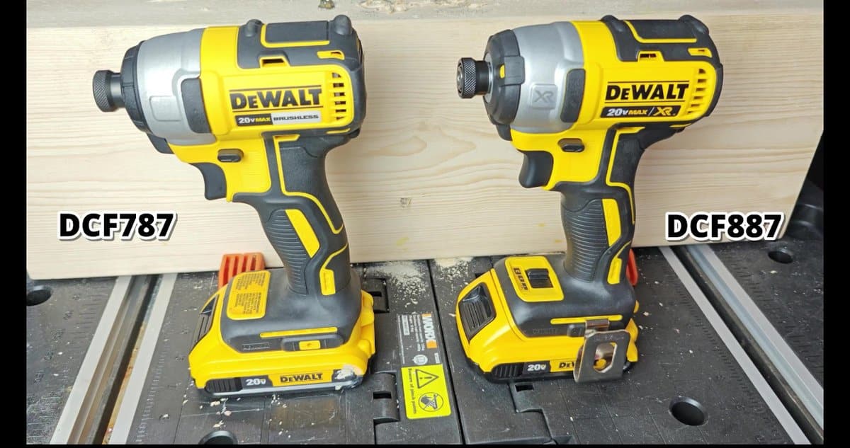 DeWalt DCF787 and DCF887 drills on table
