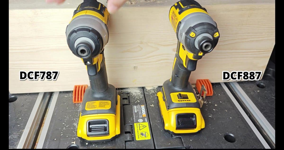 DeWalt DCF787 and DCF887 drills on workbench