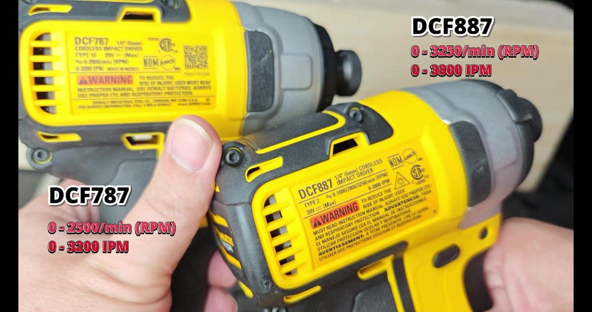 DeWalt impact drivers DCF787 and DCF887 labels visible