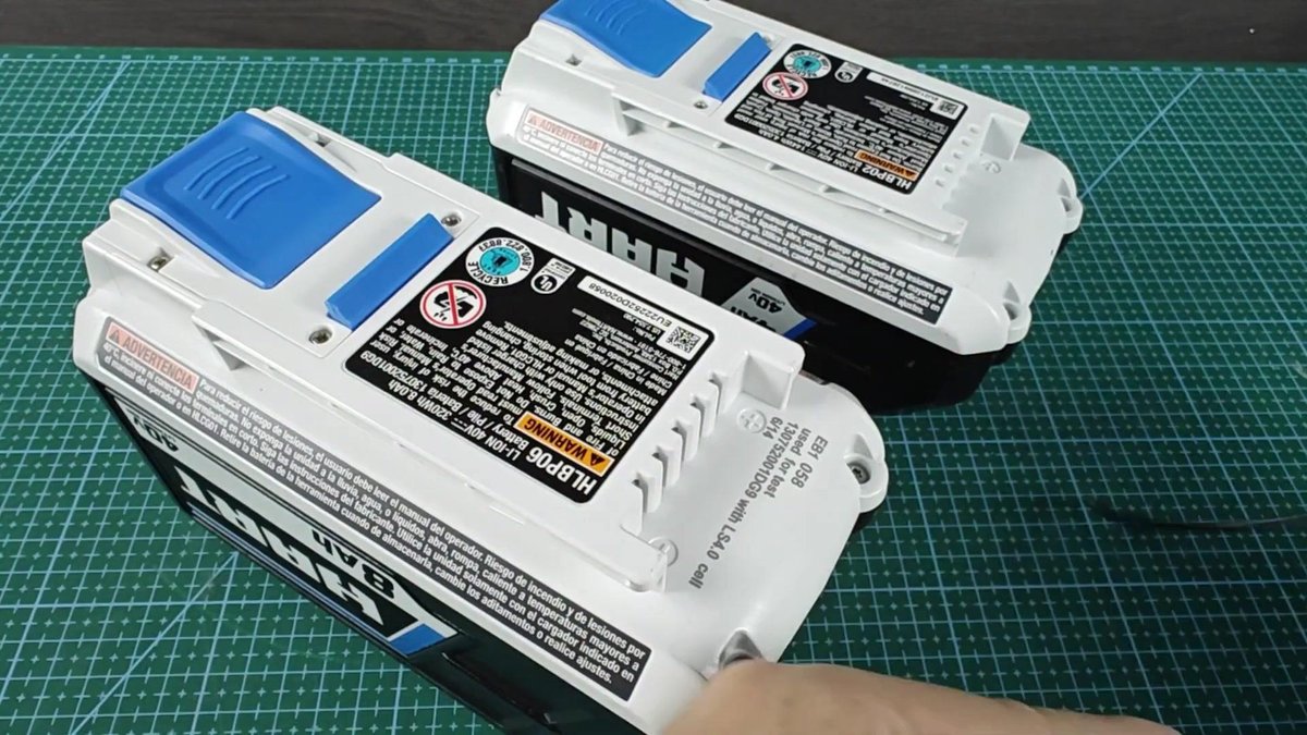 Hart 40V battery packs on cutting mat