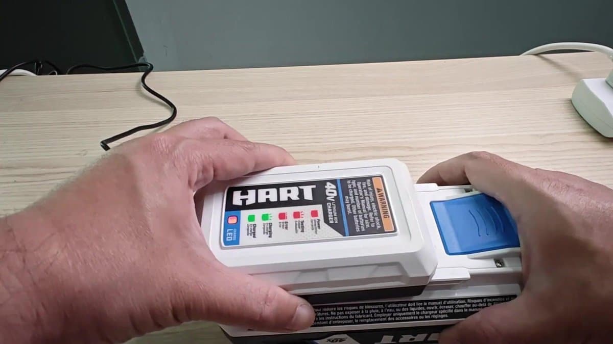 Hart 40V charger with charge indicators visible