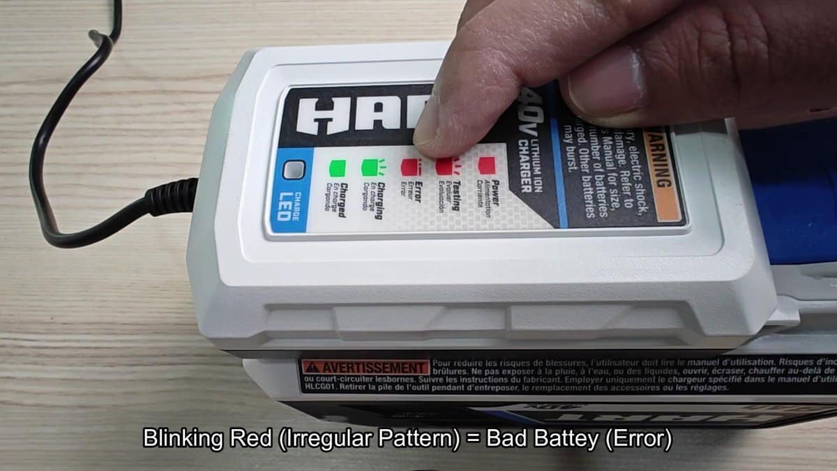 HART battery charger showing error light blinking red