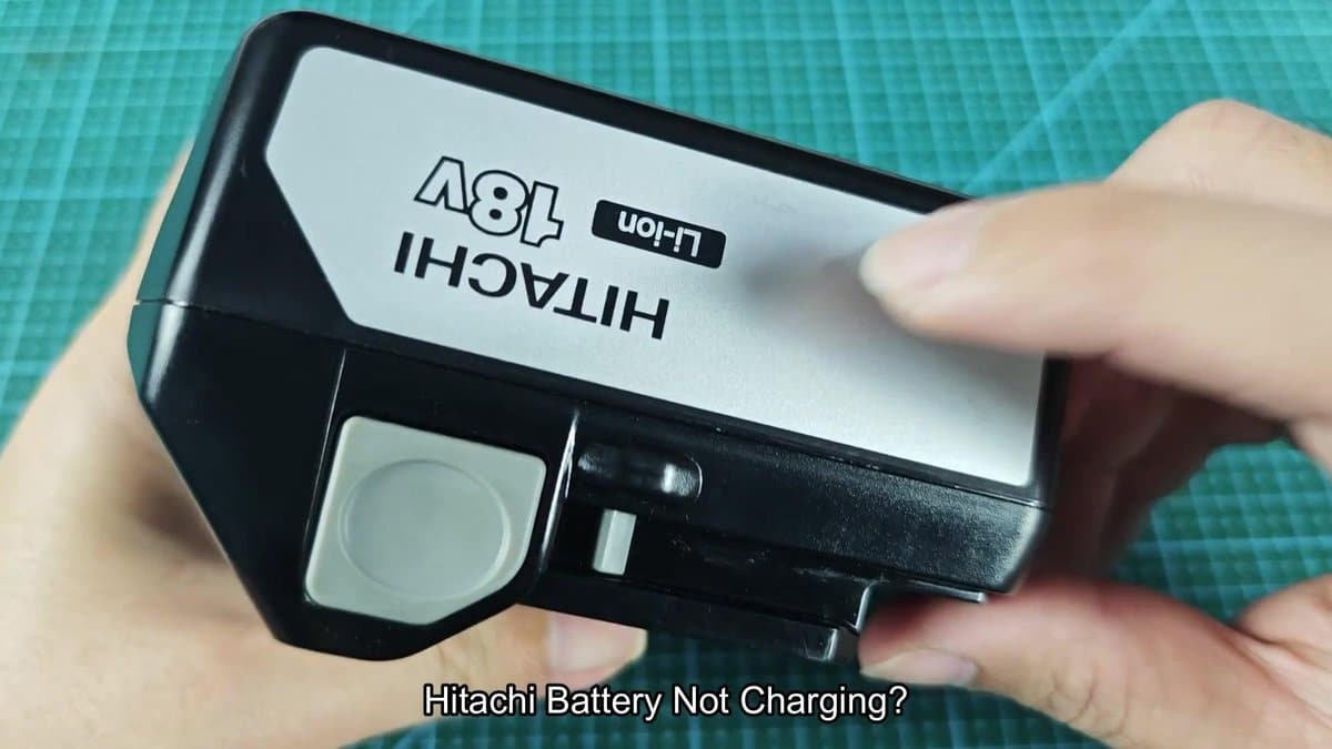 Hitachi 18V battery with finger pointing at label