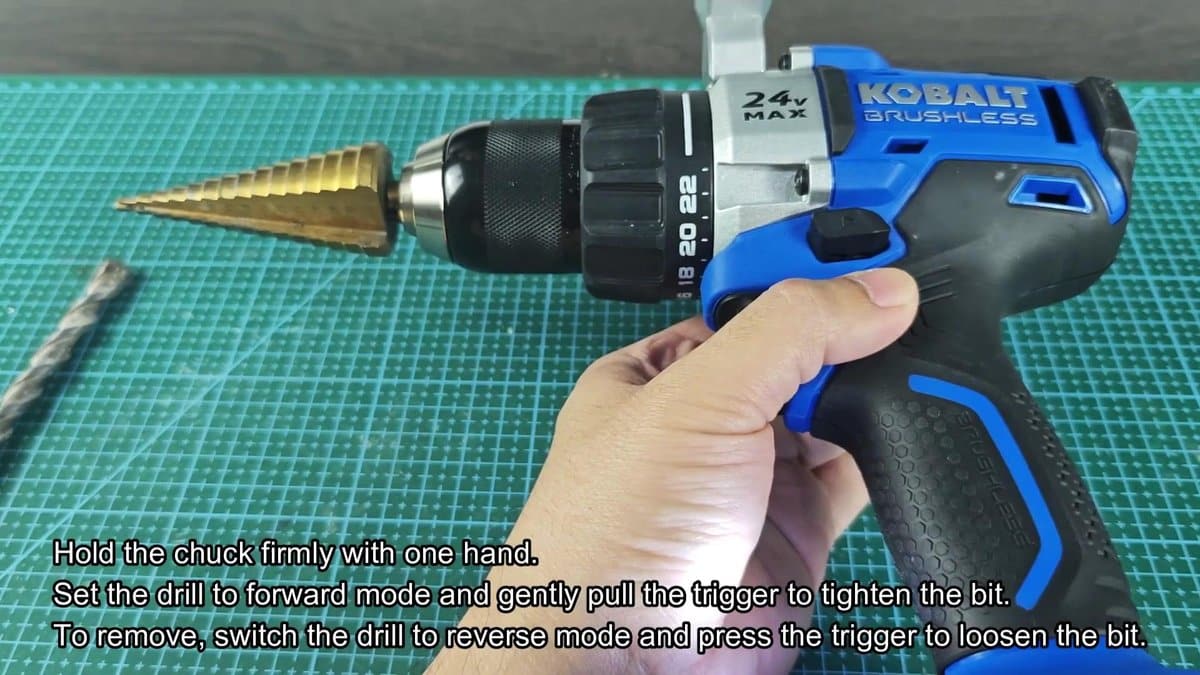 Kobalt 24V drill with step drill bit attached
