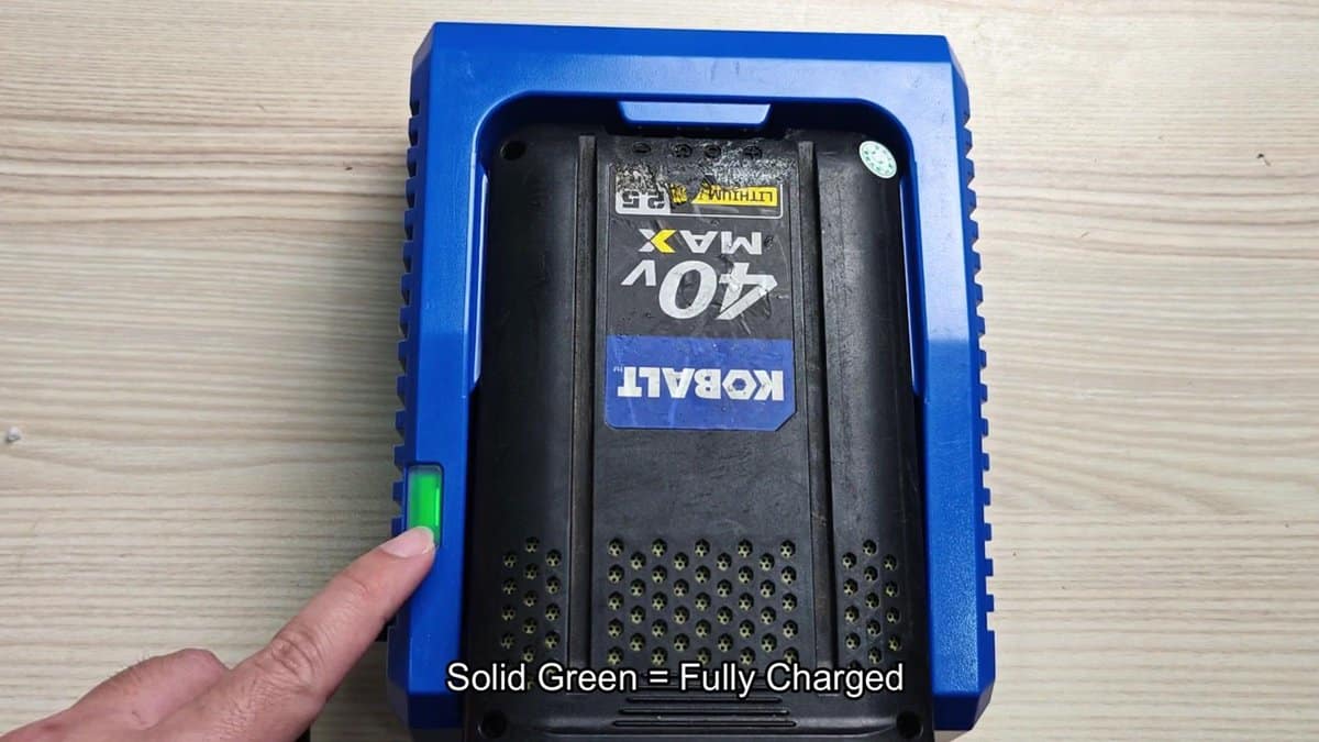 Kobalt 40V battery on charger with green light
