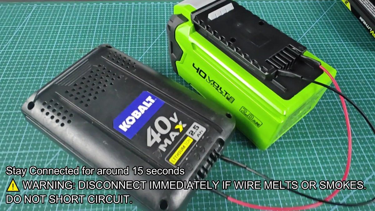 Kobalt 40V battery with caution text overlay