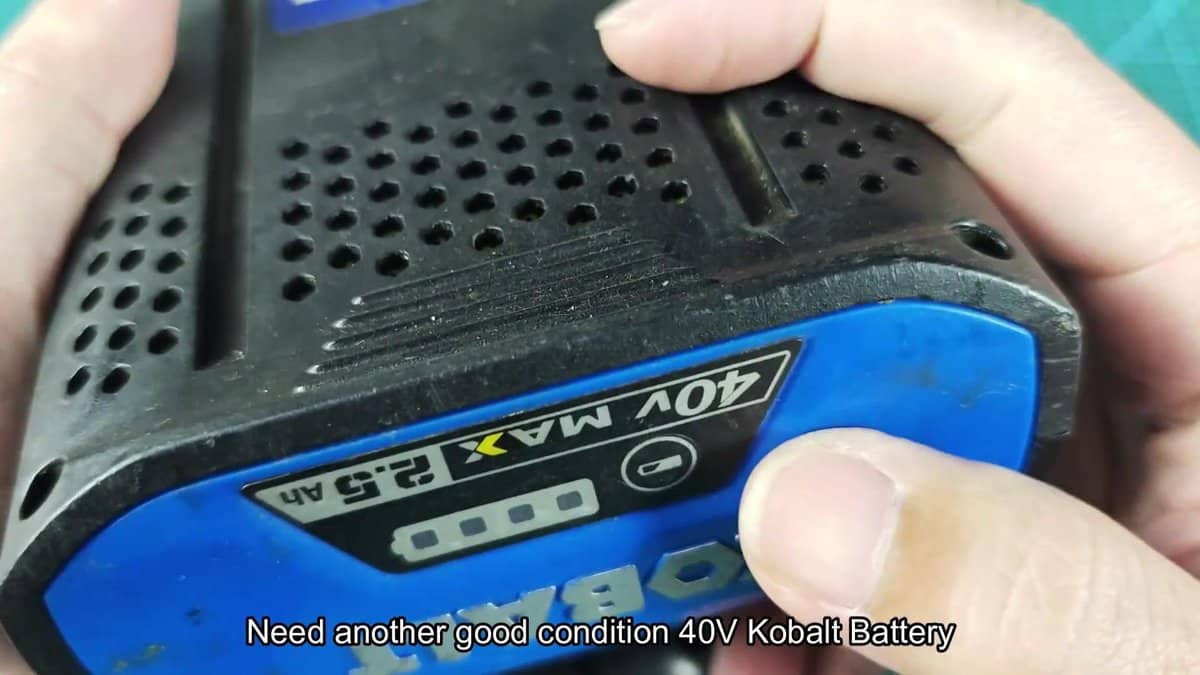 Kobalt 40V max battery closeup with text overlay