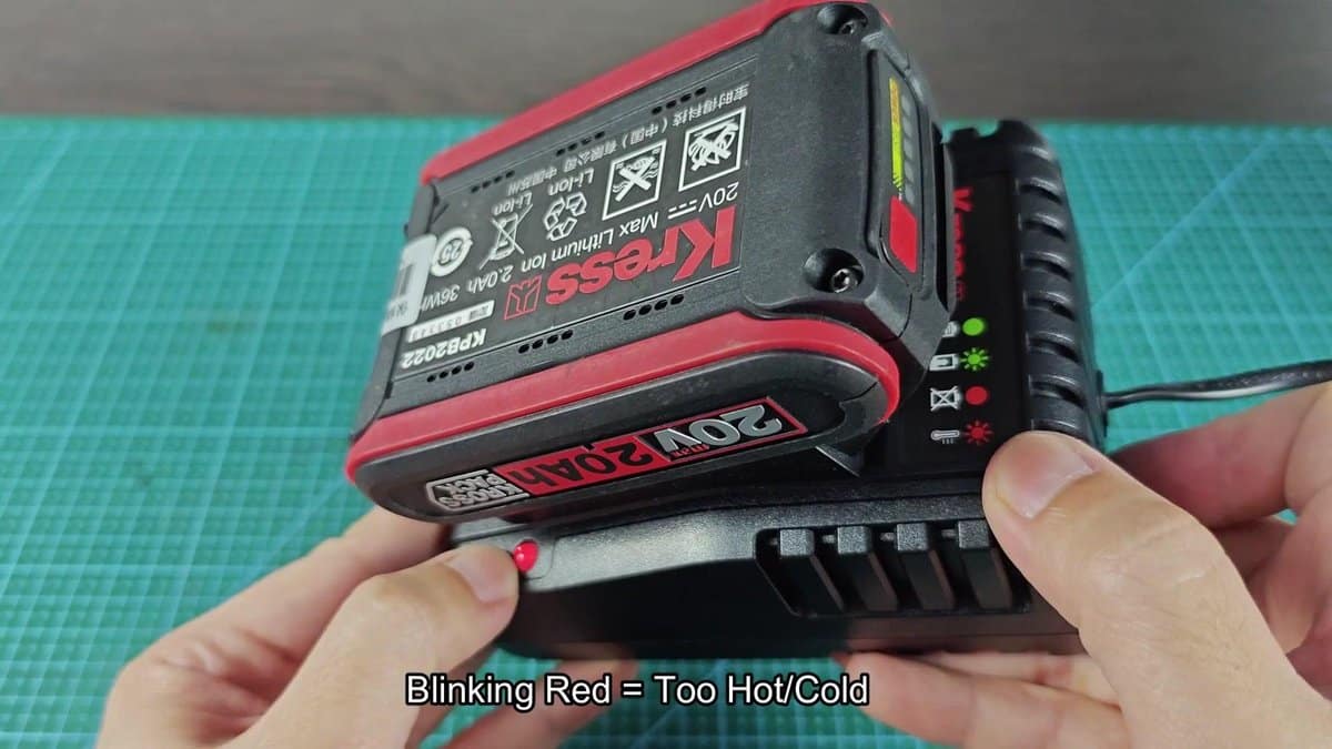 Kress 20V battery on charger with red light blinking