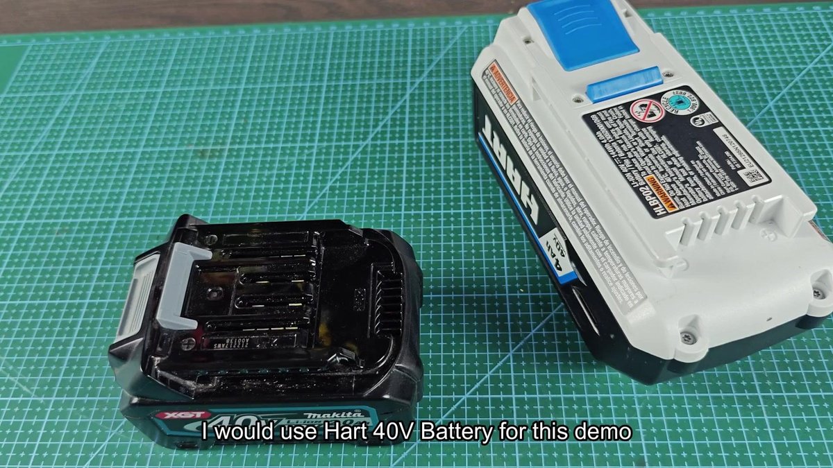 Makita 40V battery next to Hart 40V battery