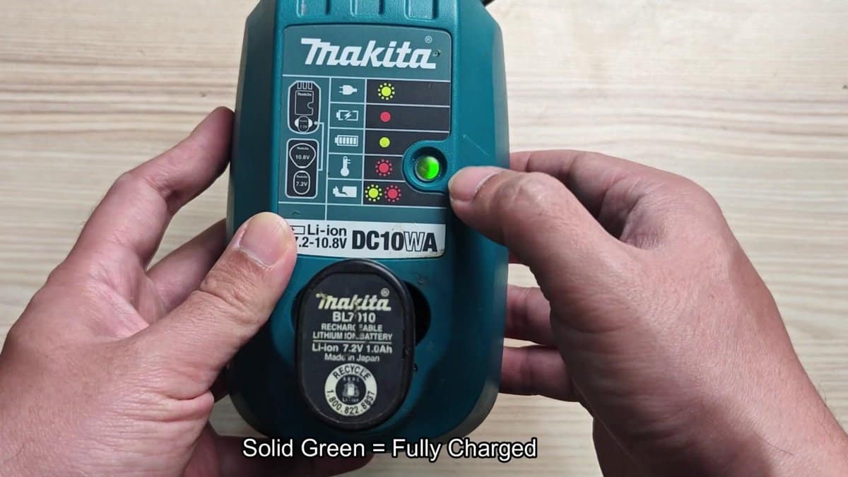 Makita DC10WA charger with solid green light