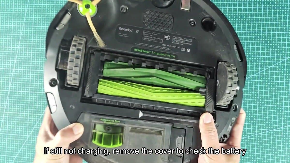 Roomba i7 with cover removed showing battery compartment