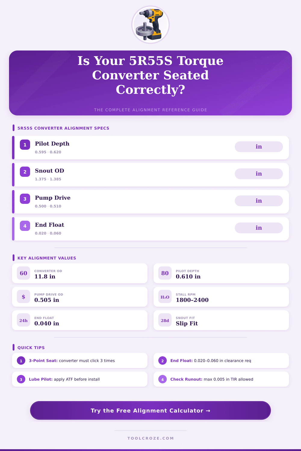 5R55S Torque Converter Alignment Tool Calculator