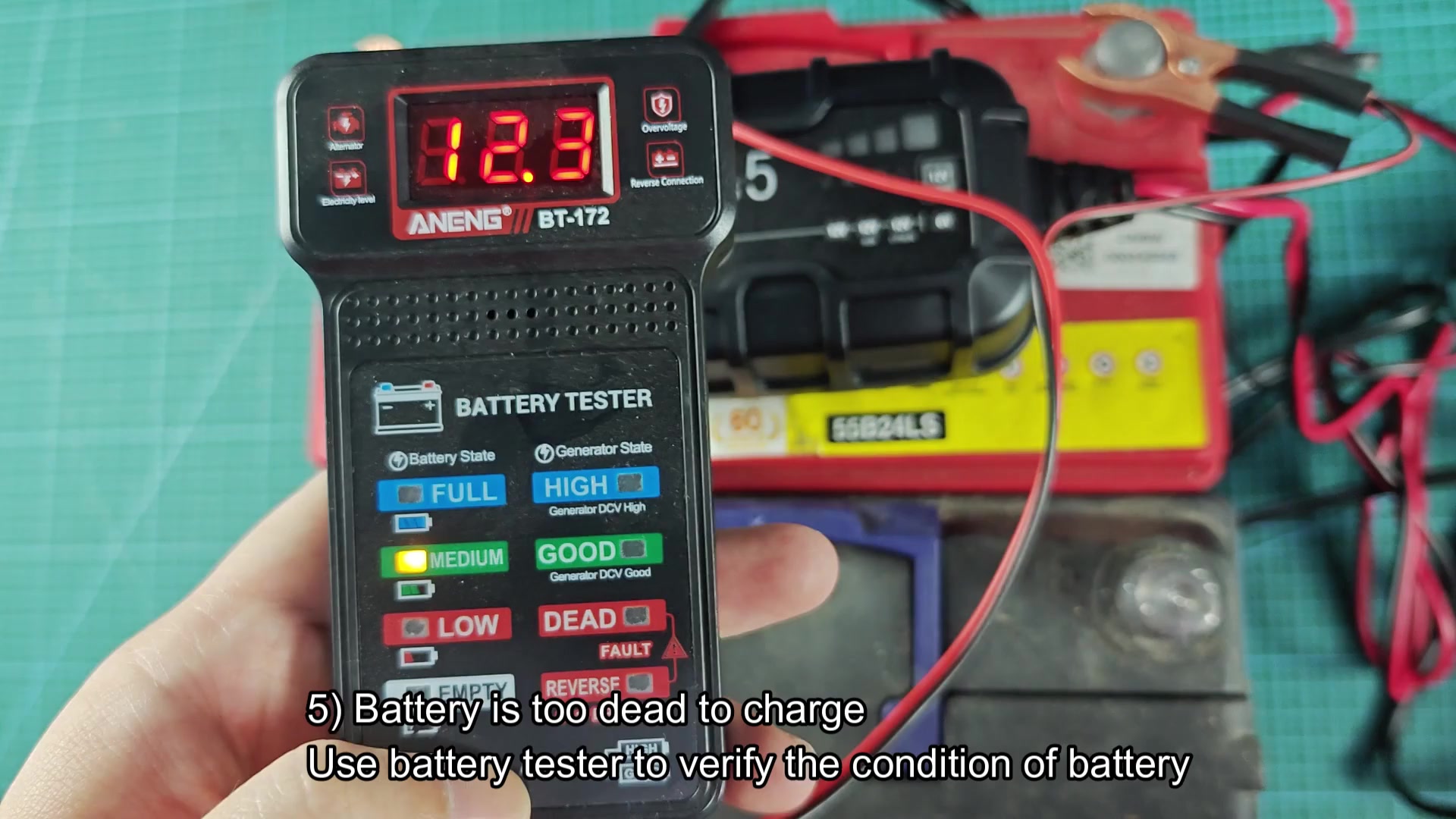 BT-172 tester reads 12.8V on battery