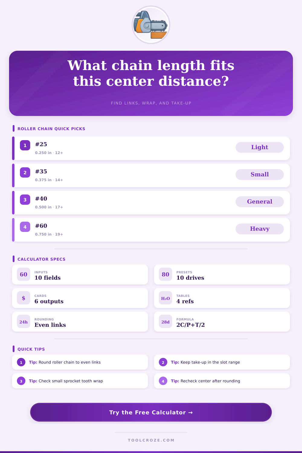 Chain Length From Center Distance Calculator