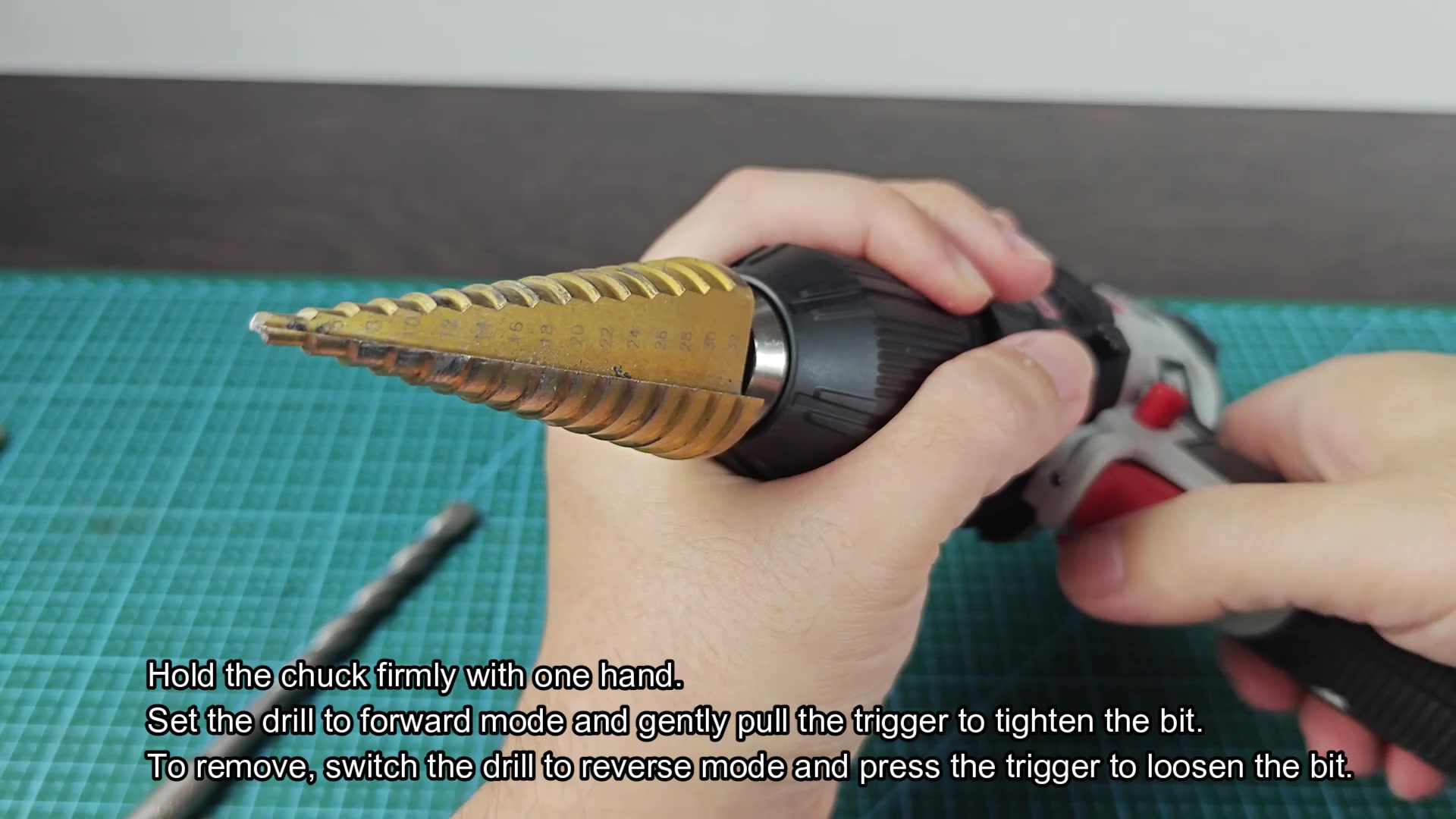Drill LED lit while tightening step bit Drill LED lit while tightening step bit