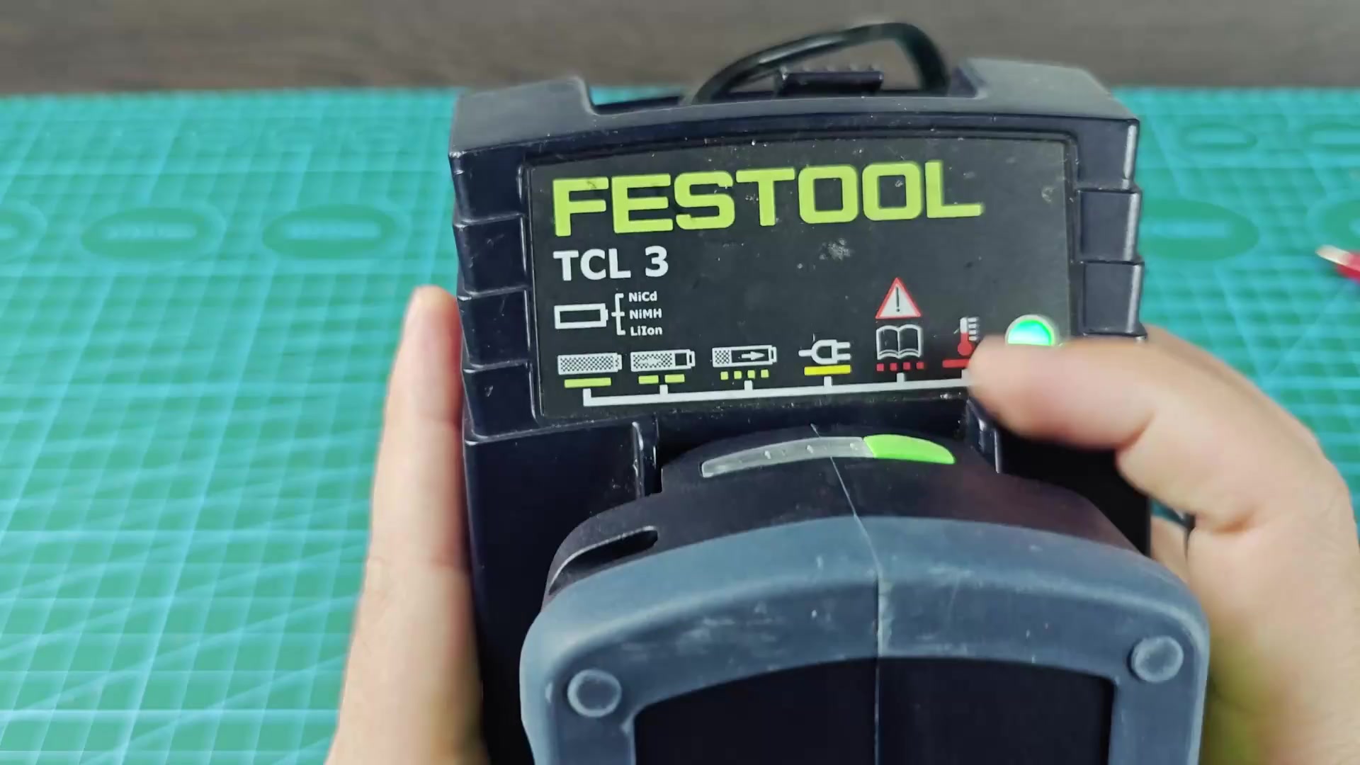 Festool TCL 3 charger showing green charging LED