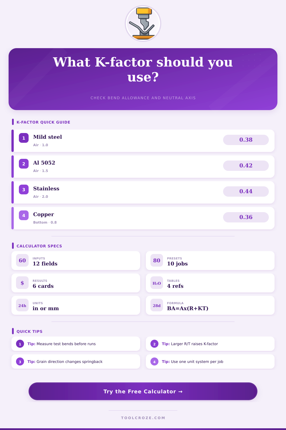 K-Factor Bend Calculator