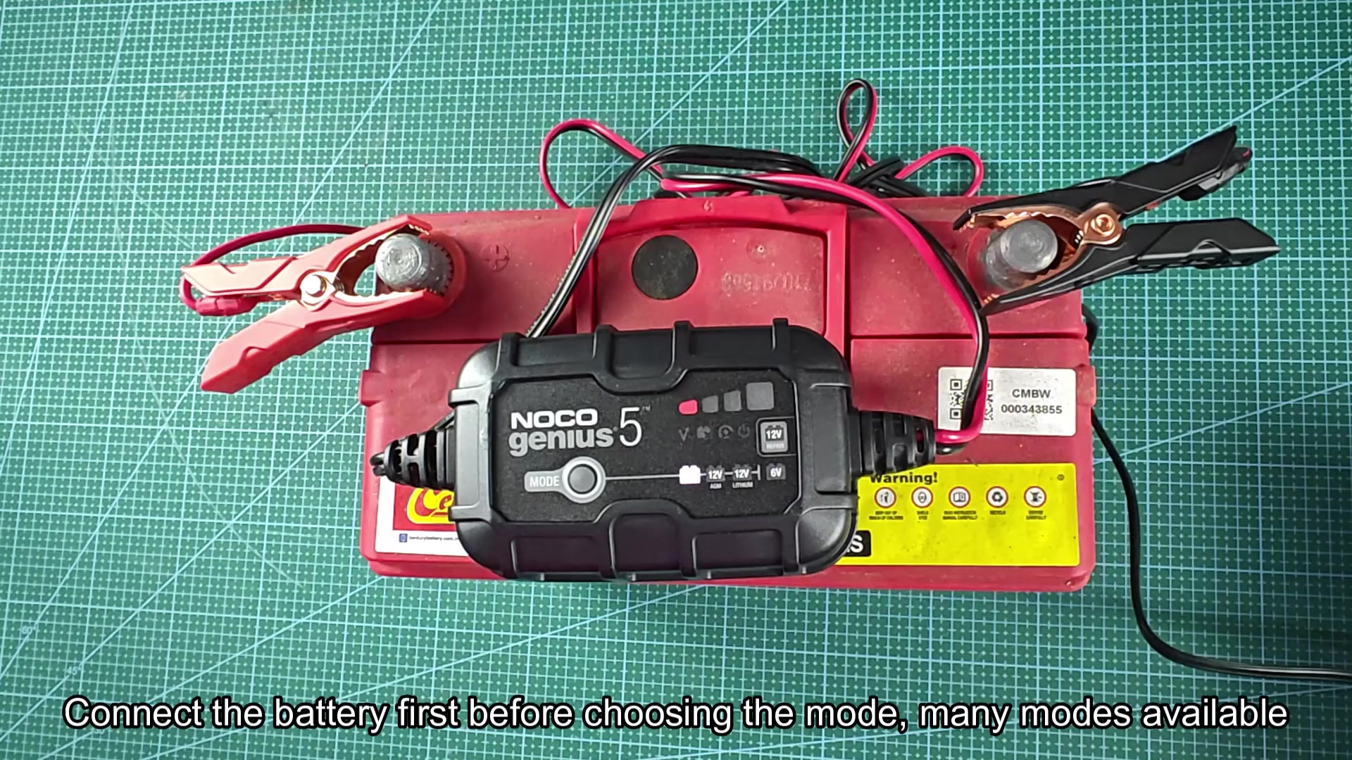 MODE button selected with charger clipped to battery MODE button selected with charger clipped to battery