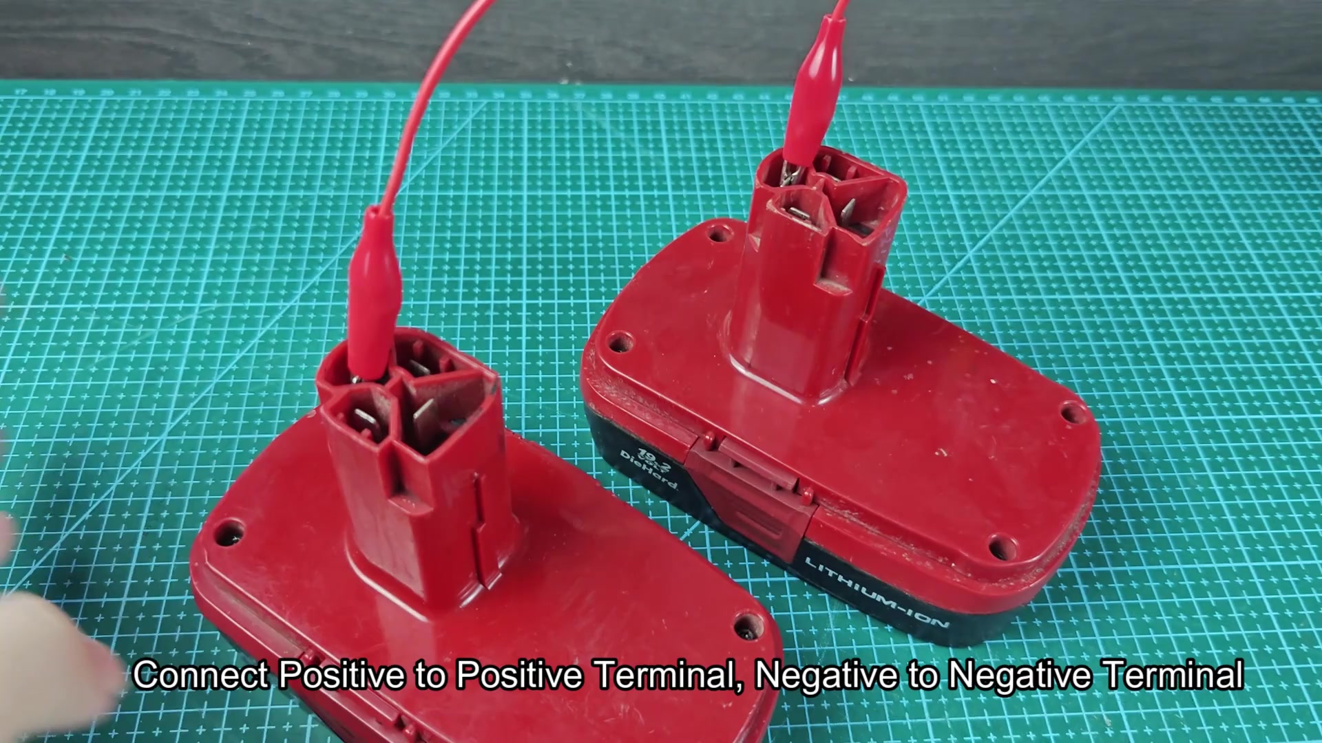 Red clips connected to both Craftsman battery pack terminals Red clips connected to both Craftsman battery pack terminals